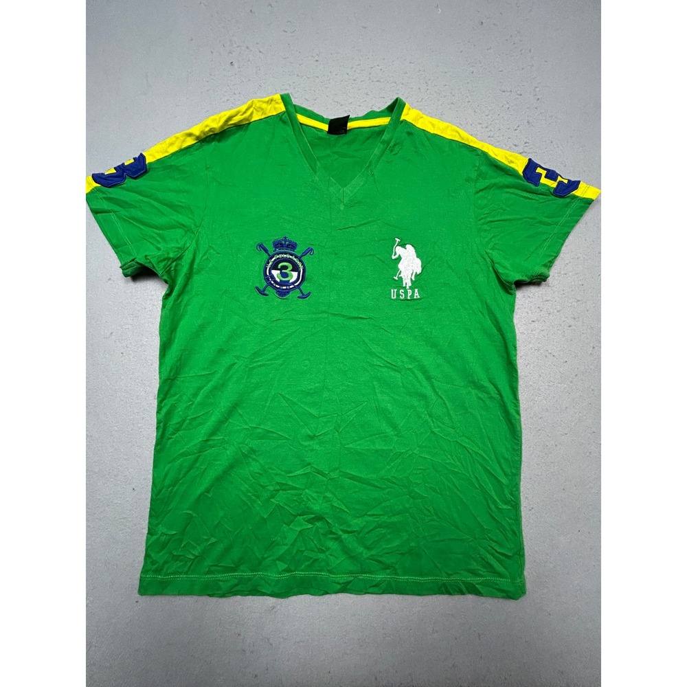 U.S. Polo Assn. V-Neck T-Shirt 100% Cotton Green Yellow Medium Mens